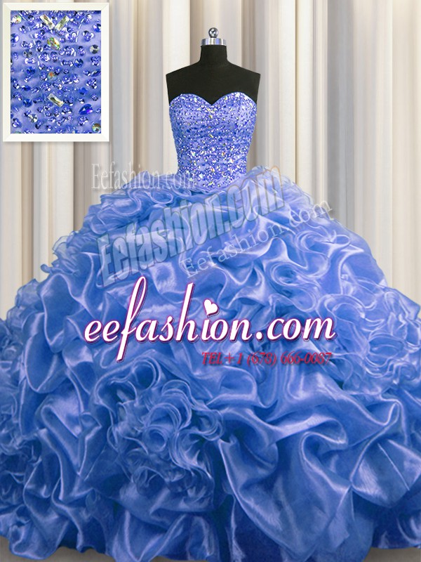 On Sale Beading and Pick Ups Sweet 16 Dress Blue Lace Up Sleeveless With Train Court Train