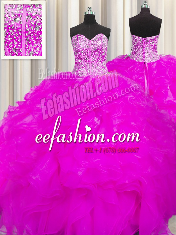 Customized Visible Boning Beaded Bodice Ball Gowns Sweet 16 Dress Fuchsia Sweetheart Organza Sleeveless Floor Length Lace Up