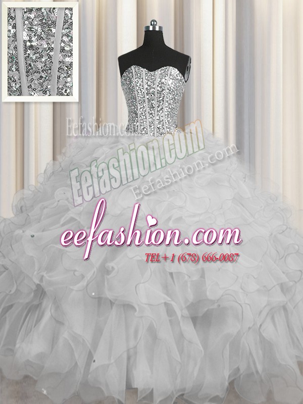Edgy Visible Boning Grey Ball Gowns Tulle Sweetheart Sleeveless Beading and Ruffles and Sequins Floor Length Lace Up Quinceanera Dresses