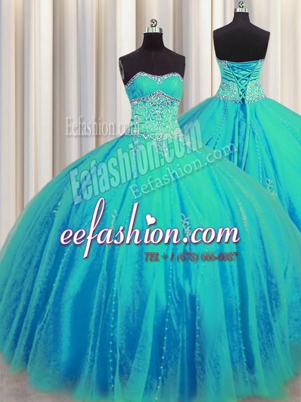 Admirable Big Puffy Beading and Appliques Sweet 16 Dresses Aqua Blue Lace Up Sleeveless Floor Length