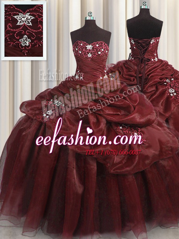 Flirting Burgundy Sleeveless Floor Length Beading and Appliques and Pick Ups Lace Up Quince Ball Gowns