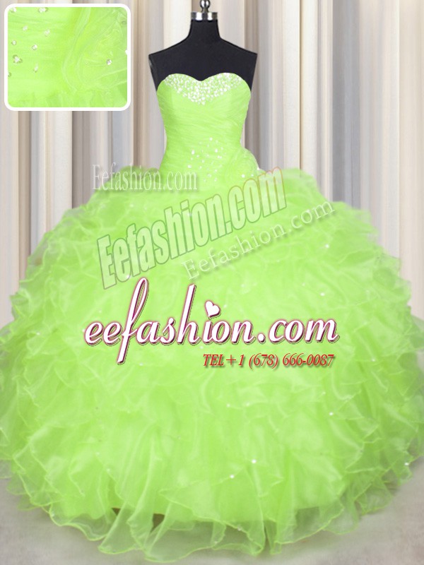 Yellow Green Ball Gowns Beading and Ruffles Quinceanera Dresses Lace Up Organza Sleeveless Floor Length