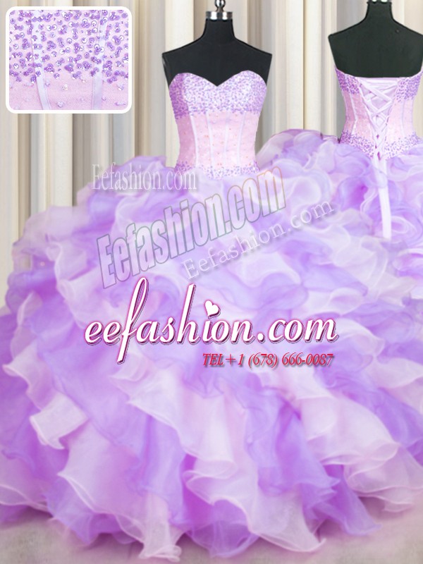 Superior Two Tone Visible Boning Multi-color Sweetheart Lace Up Beading and Ruffles Sweet 16 Dress Sleeveless