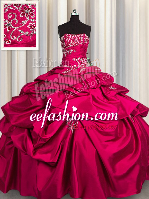 Inexpensive Hot Pink Ball Gowns Appliques and Pick Ups 15 Quinceanera Dress Lace Up Taffeta Sleeveless Floor Length