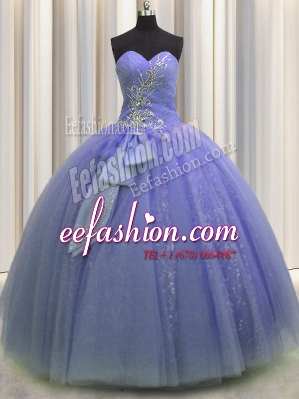 Tulle Sleeveless Floor Length Quinceanera Gown and Beading and Sequins and Bowknot