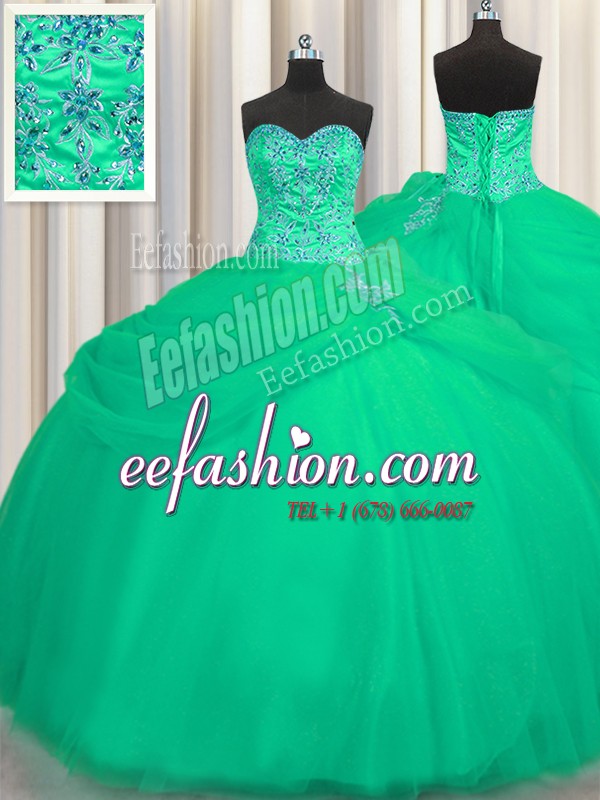  Big Puffy Turquoise Sweetheart Lace Up Beading Quinceanera Gown Sleeveless
