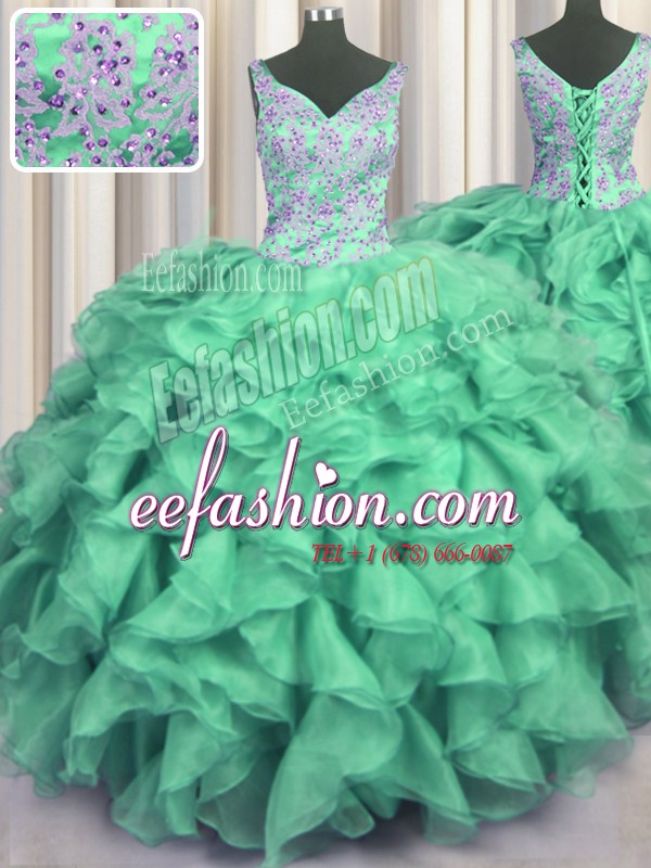  Floor Length Turquoise 15th Birthday Dress V-neck Sleeveless Lace Up