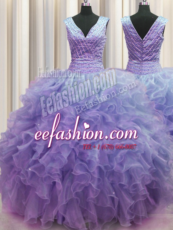  V Neck Zipper Up Floor Length Ball Gowns Sleeveless Lavender 15 Quinceanera Dress Zipper