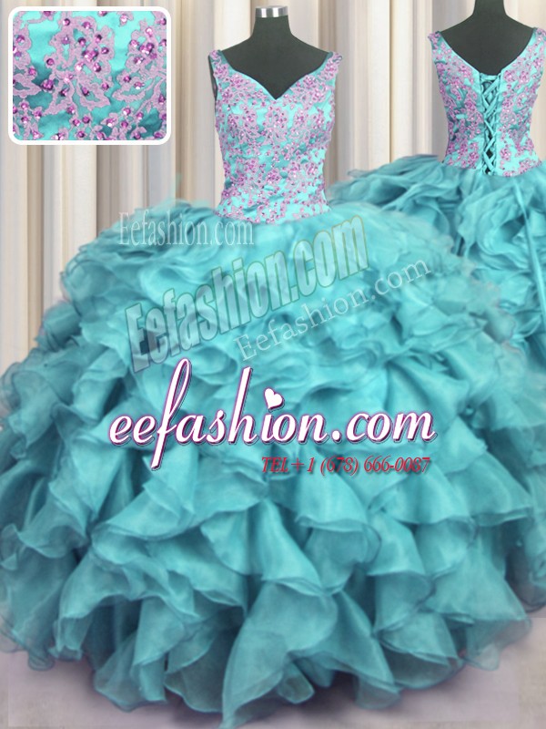 Captivating Ruffled Ball Gowns Sweet 16 Dress Aqua Blue V-neck Organza Sleeveless Floor Length Lace Up