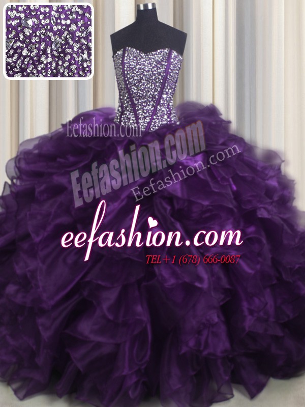  Bling-bling Brush Train Ball Gowns Quinceanera Gowns Purple Sweetheart Organza Sleeveless With Train Lace Up