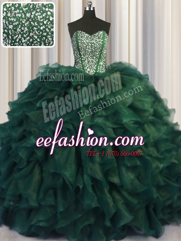  Bling-bling Organza Sweetheart Sleeveless Brush Train Lace Up Beading and Ruffles 15 Quinceanera Dress in Dark Green