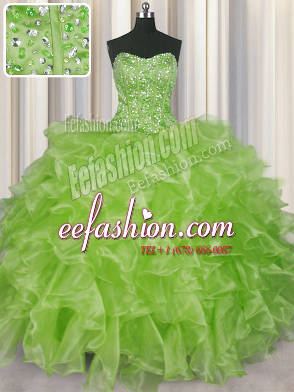 Visible Boning Yellow Green Sleeveless Organza Lace Up Vestidos de Quinceanera for Military Ball and Sweet 16 and Quinceanera