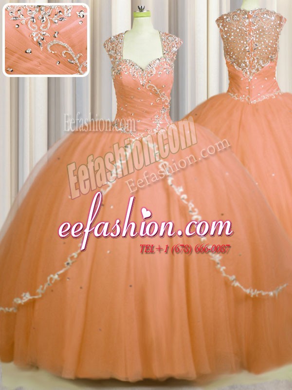  See Through Back Orange Tulle Zipper Sweetheart Cap Sleeves With Train Sweet 16 Quinceanera Dress Brush Train Beading and Appliques