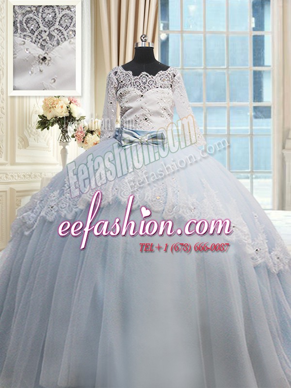  Light Blue Ball Gowns Tulle Scalloped Half Sleeves Beading and Lace and Bowknot Lace Up Quinceanera Dresses Brush Train