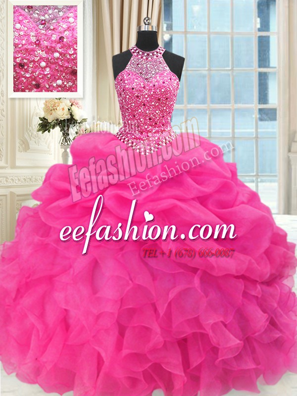 Lovely See Through Beaded Bodice Floor Length Ball Gowns Sleeveless Hot Pink Sweet 16 Quinceanera Dress Lace Up