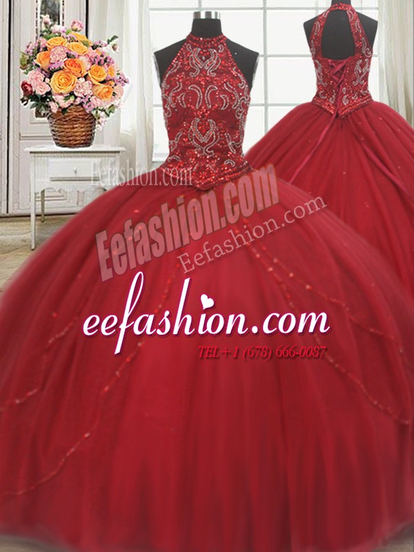 Comfortable Red Tulle Lace Up Halter Top Sleeveless Quinceanera Dress Court Train Beading and Appliques
