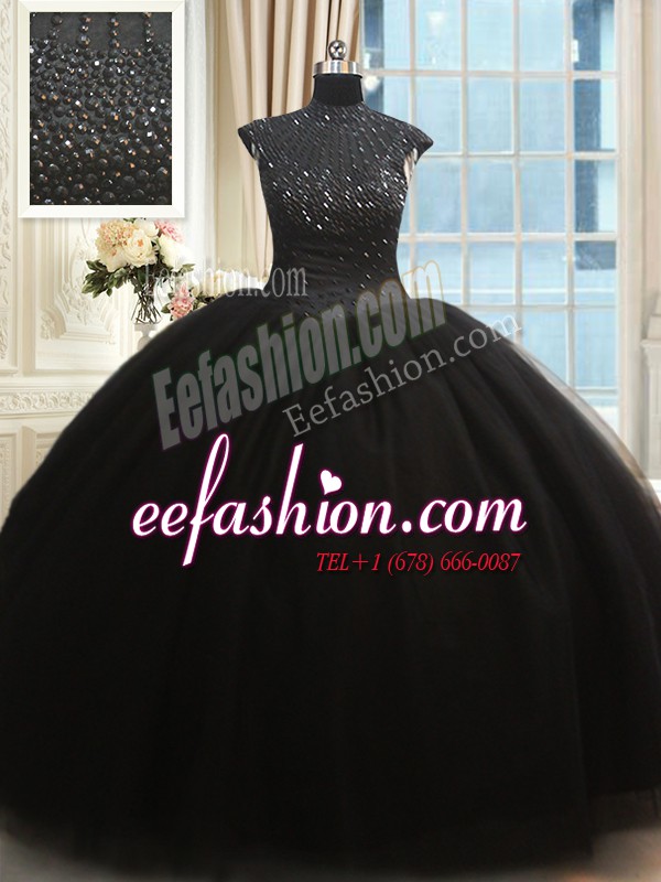 High Neck Black Cap Sleeves Tulle Zipper Quinceanera Dresses for Military Ball and Sweet 16 and Quinceanera
