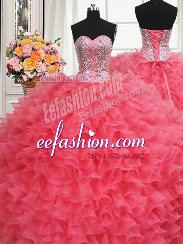  Beaded Bodice Coral Red Ball Gowns Organza Sweetheart Sleeveless Beading and Ruffles Floor Length Lace Up Quinceanera Dresses
