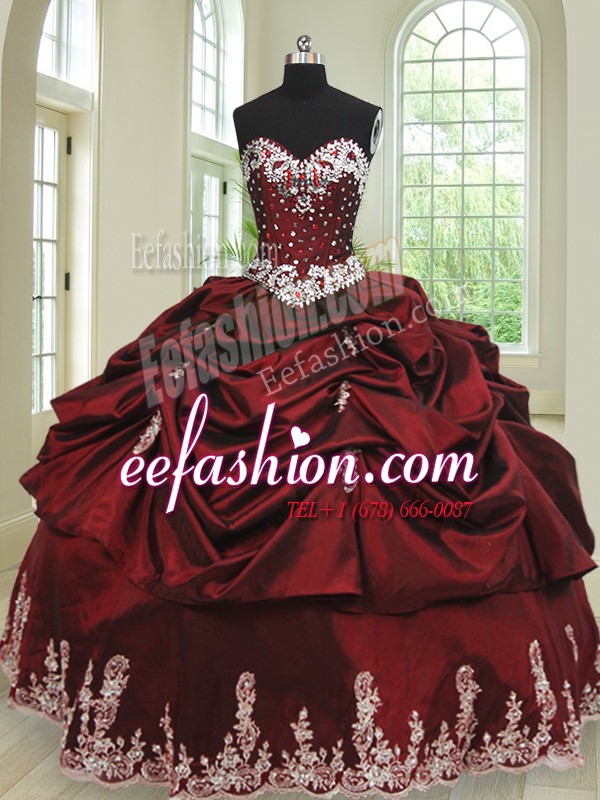 Superior Pick Ups Ball Gowns Quinceanera Dress Wine Red Sweetheart Taffeta Sleeveless Floor Length Lace Up
