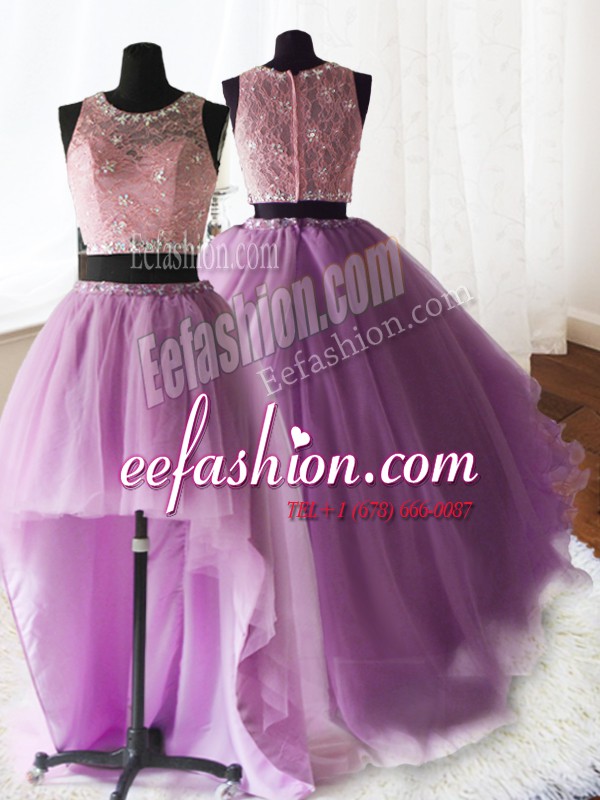  Three Piece Scoop Sleeveless Quinceanera Gown With Brush Train Beading and Lace and Ruffles Lilac Organza and Tulle and Lace