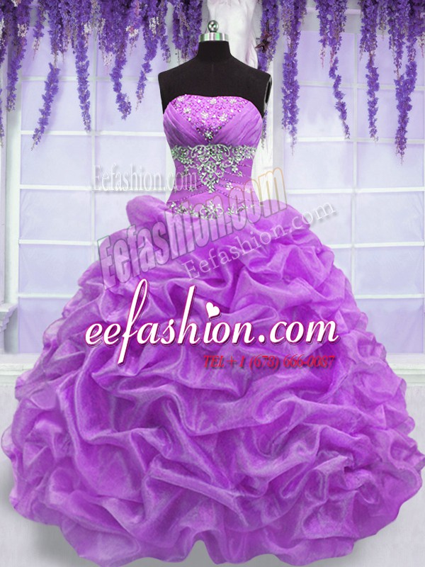 Great Lilac Lace Up Strapless Beading Sweet 16 Dresses Organza Sleeveless