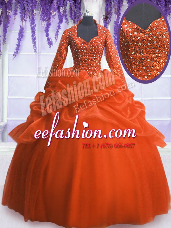 High End V-neck Long Sleeves Organza Ball Gown Prom Dress Sequins and Pick Ups Zipper