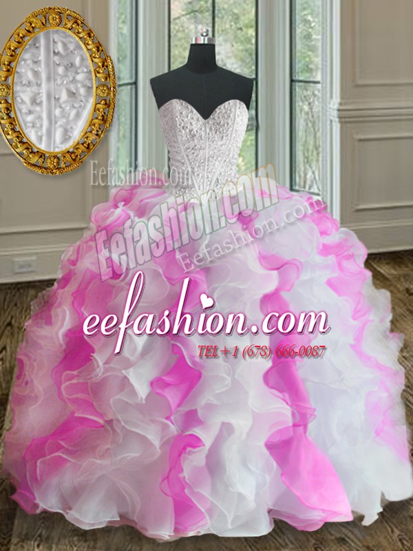Popular White and Pink Organza Lace Up Sweetheart Sleeveless Floor Length 15 Quinceanera Dress Beading and Ruffles