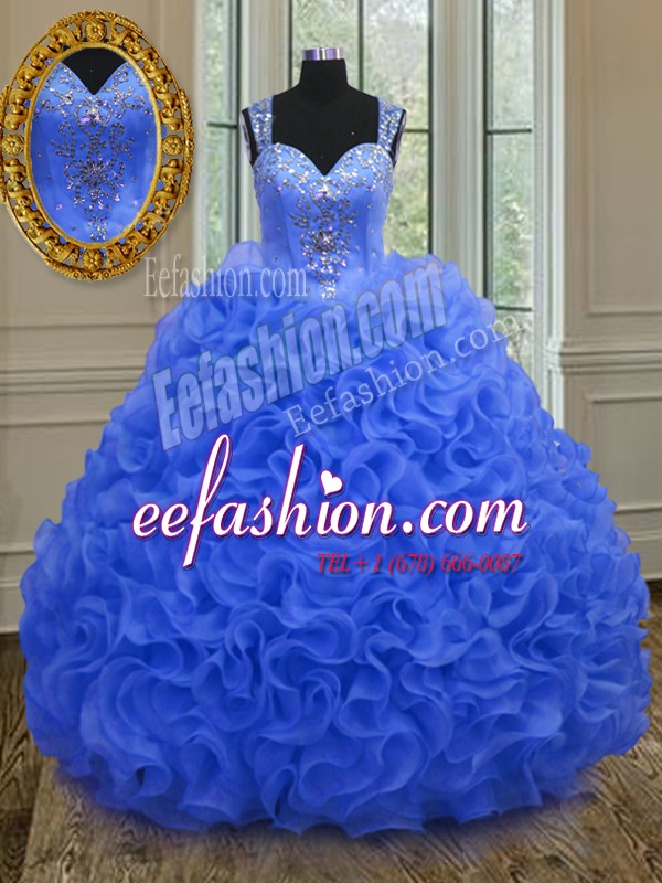 Flare Straps Sleeveless Floor Length Beading and Ruffles Zipper Sweet 16 Dress with Royal Blue