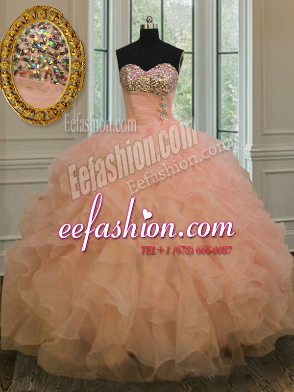 Peach Ball Gown Prom Dress Military Ball and Sweet 16 and Quinceanera and For with Beading and Ruffles Sweetheart Sleeveless Lace Up