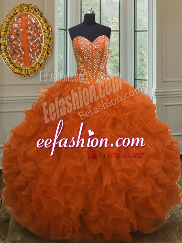  Sweetheart Sleeveless Lace Up Sweet 16 Quinceanera Dress Orange Red Organza