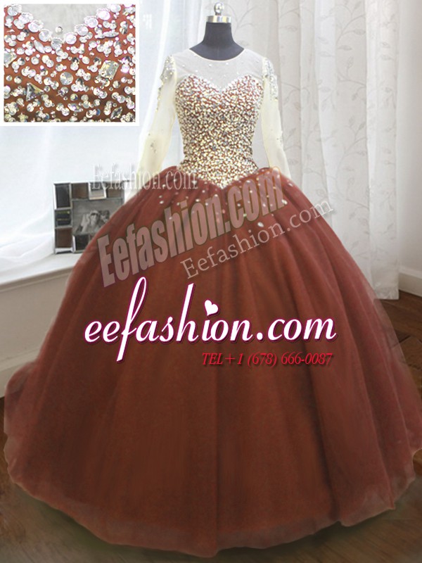 Fine Burgundy Scoop Lace Up Beading and Sequins Quinceanera Gown Sweep Train Long Sleeves