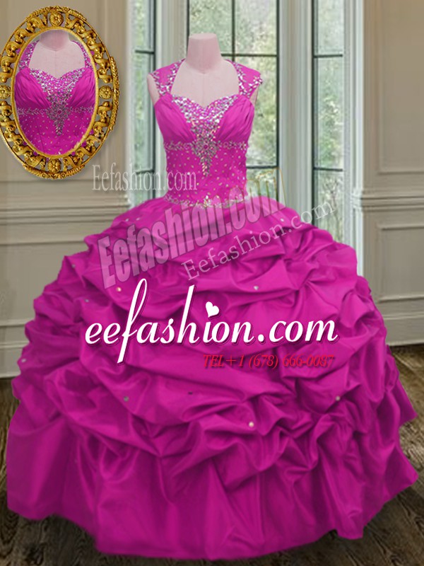 Graceful Straps Beading and Pick Ups Quinceanera Dresses Fuchsia Lace Up Cap Sleeves Floor Length