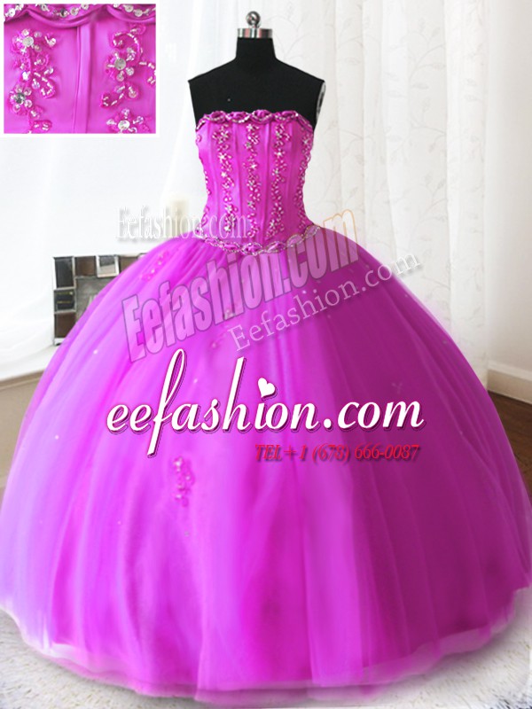 Latest Tulle Strapless Sleeveless Lace Up Beading and Appliques Quinceanera Gown in Fuchsia
