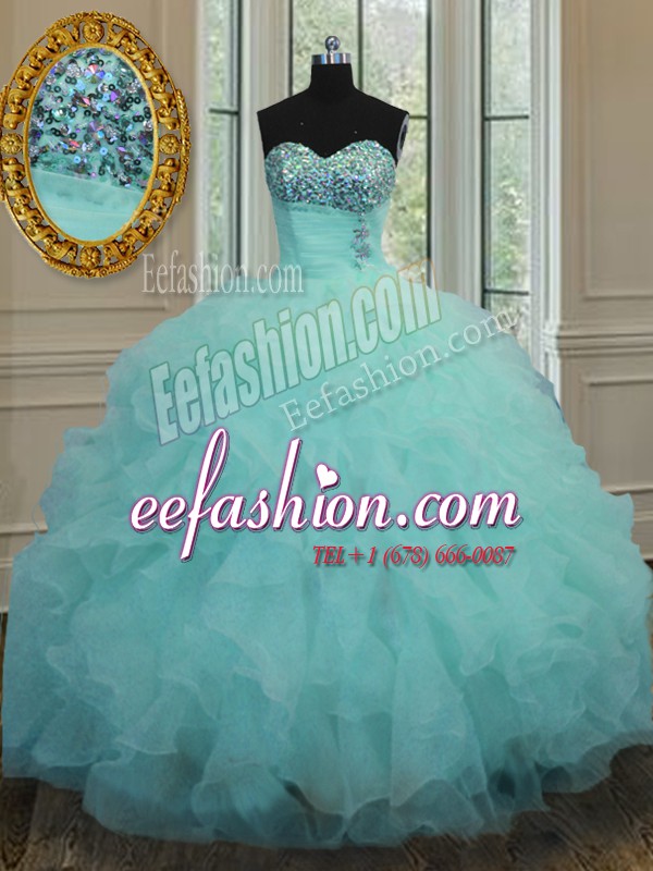  Aqua Blue Sleeveless Organza Lace Up Sweet 16 Dress for Military Ball and Sweet 16 and Quinceanera