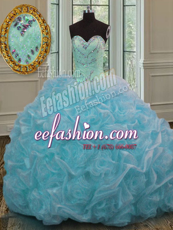 Custom Designed Blue Ball Gowns Sweetheart Sleeveless Organza Sweep Train Lace Up Beading and Pick Ups Sweet 16 Dress