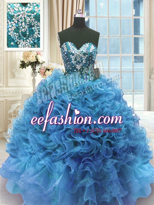  Sleeveless Organza Floor Length Lace Up Quinceanera Dress in Blue with Beading and Ruffles
