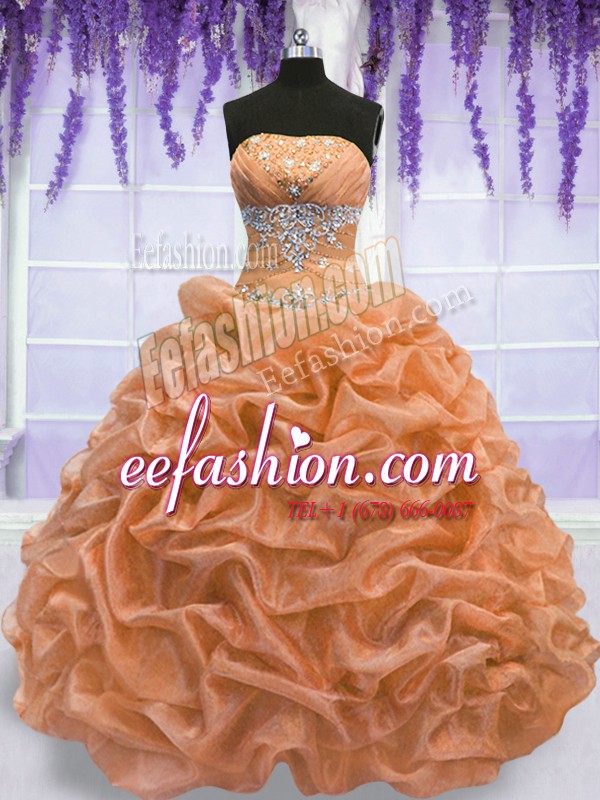  Orange Sleeveless Beading Floor Length Quinceanera Gown