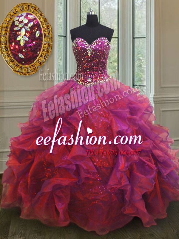 Sweetheart Sleeveless Sweet 16 Dresses Floor Length Beading and Ruffles Multi-color Organza and Sequined