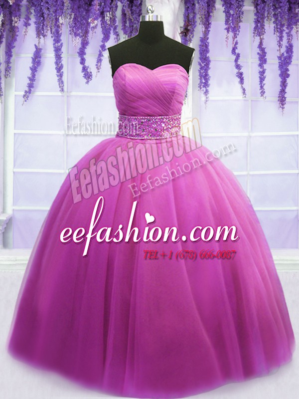  Tulle Sweetheart Sleeveless Lace Up Beading and Belt Vestidos de Quinceanera in Lilac