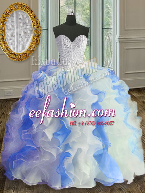  White and Blue Lace Up Vestidos de Quinceanera Beading and Ruffles Sleeveless Floor Length