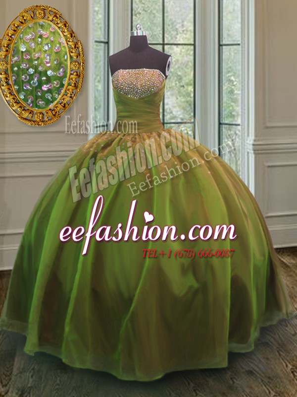  Organza and Taffeta Strapless Sleeveless Lace Up Sequins Sweet 16 Dresses in Olive Green