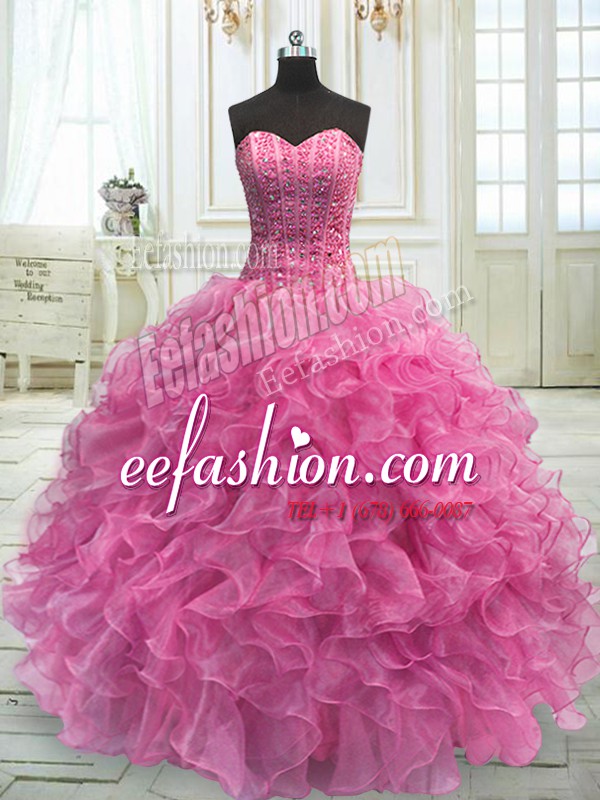 Popular Rose Pink Organza Lace Up Sweet 16 Dresses Sleeveless Floor Length Beading and Ruffles