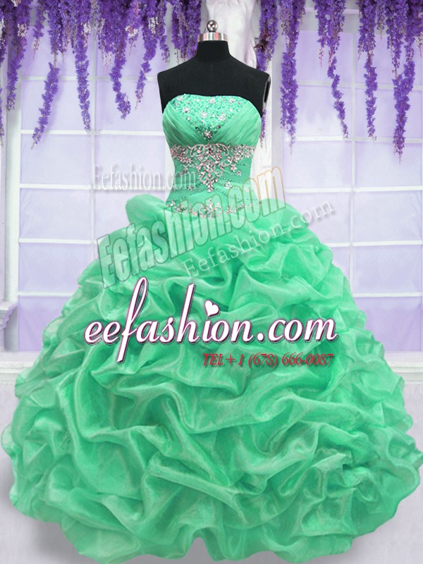 Chic Sleeveless Organza Floor Length Lace Up Quinceanera Gowns in Apple Green with Beading