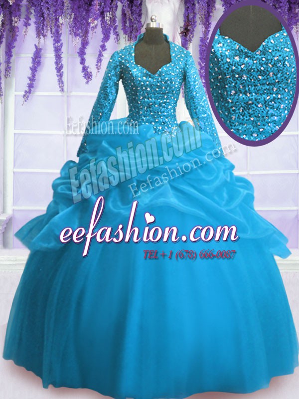 Baby Blue Ball Gowns Organza V-neck Long Sleeves Sequins and Pick Ups Floor Length Zipper 15 Quinceanera Dress