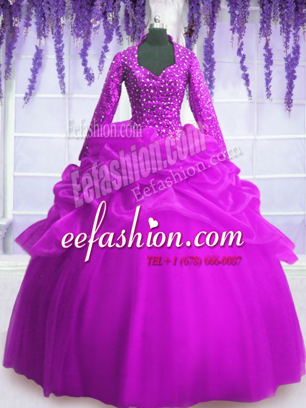 Fuchsia Zipper 15th Birthday Dress Sequins and Pick Ups Long Sleeves Floor Length
