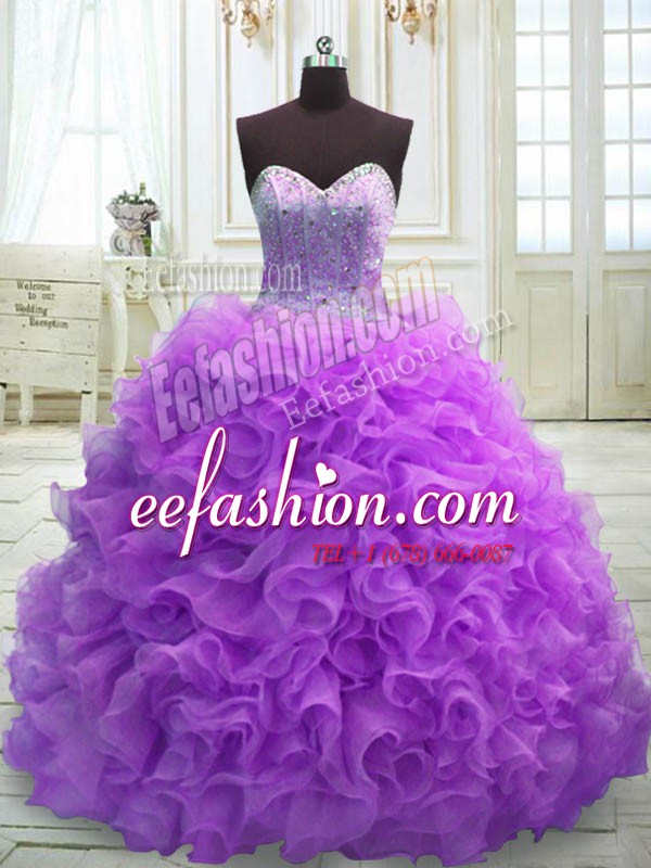  Sleeveless Sweep Train Beading and Ruffles Lace Up Sweet 16 Quinceanera Dress