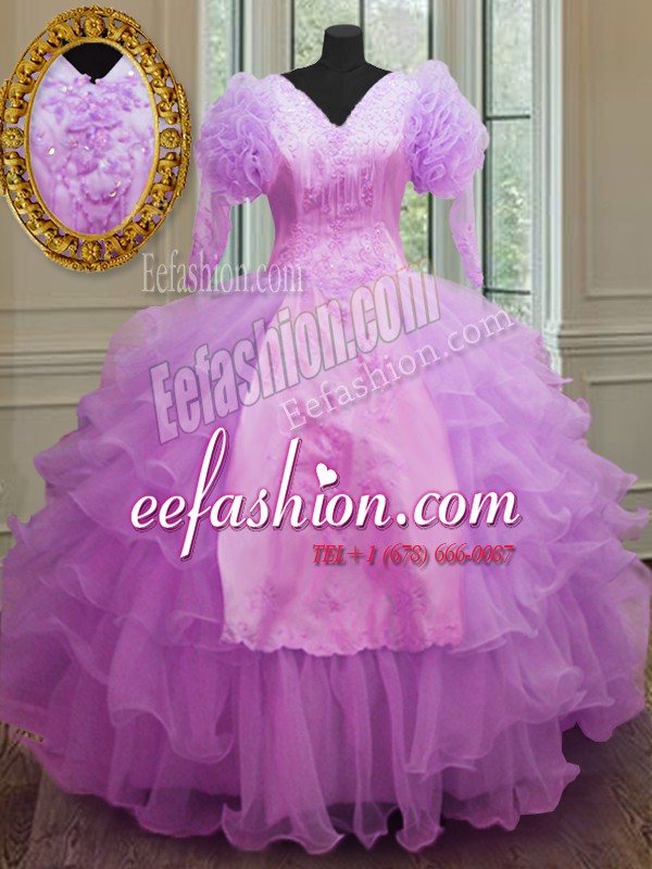 Cute Lilac Long Sleeves Ruffled Layers Floor Length Quinceanera Dresses