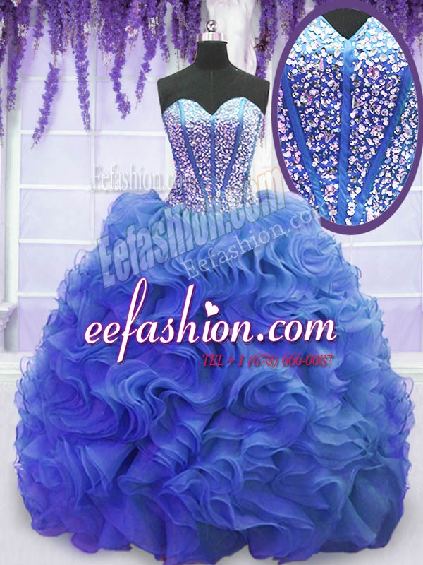 Custom Designed Sleeveless Organza Sweep Train Lace Up Vestidos de Quinceanera in Royal Blue with Beading and Ruffles