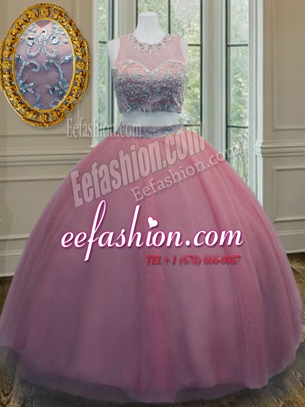 Sumptuous Scoop Floor Length Zipper 15 Quinceanera Dress Pink for Military Ball and Sweet 16 and Quinceanera with Ruffled Layers and Sashes ribbons