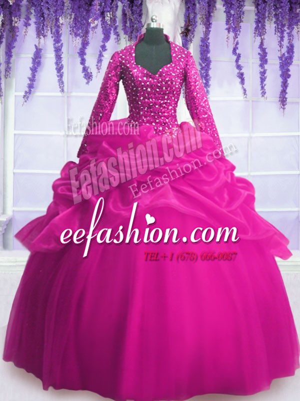 Glorious V-neck Long Sleeves Quinceanera Gown Floor Length Sequins and Pick Ups Fuchsia Organza